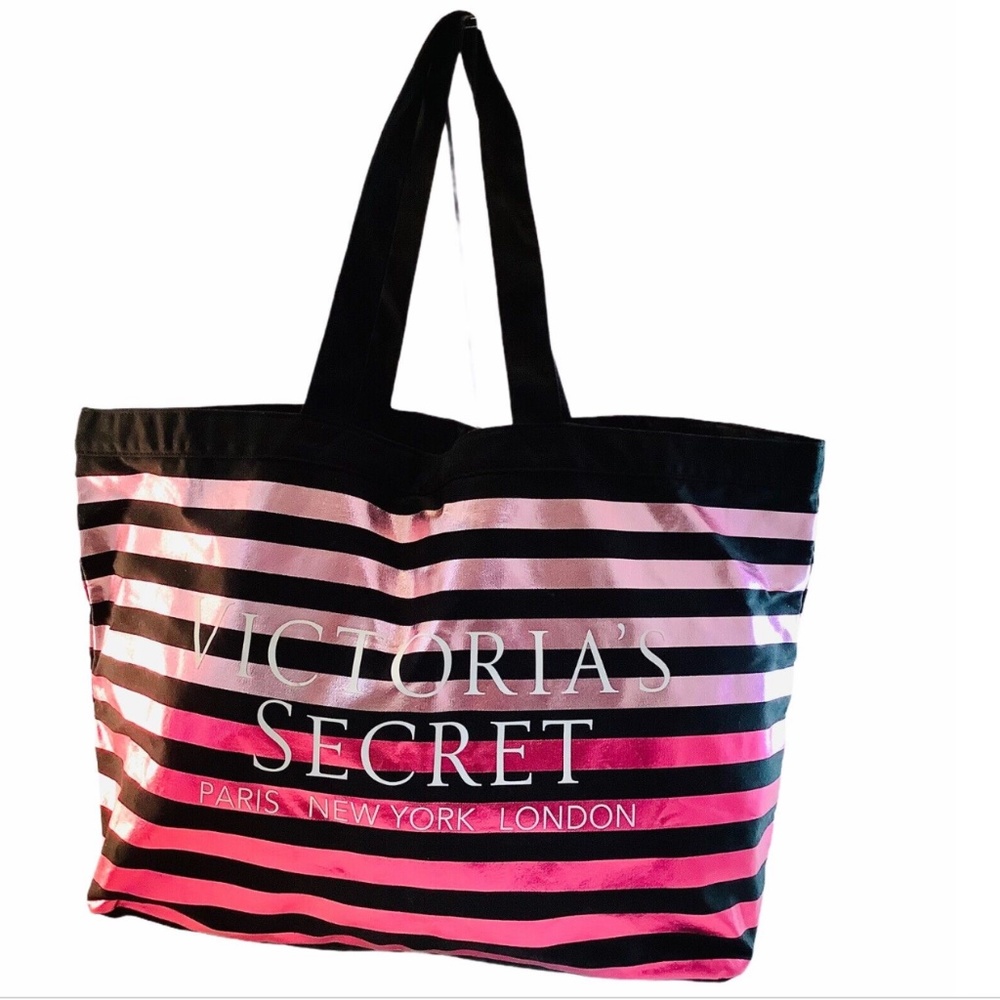 Victoria's Secret Tote Weekender Bag With Metallic Pink Stripes